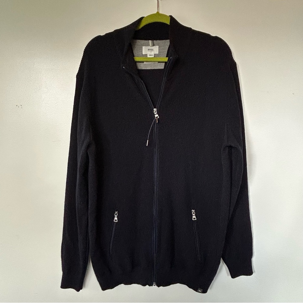 Brax Feel Good Mens Zip Mock Neck Sweater Jacket Navy Blue Wool Blend